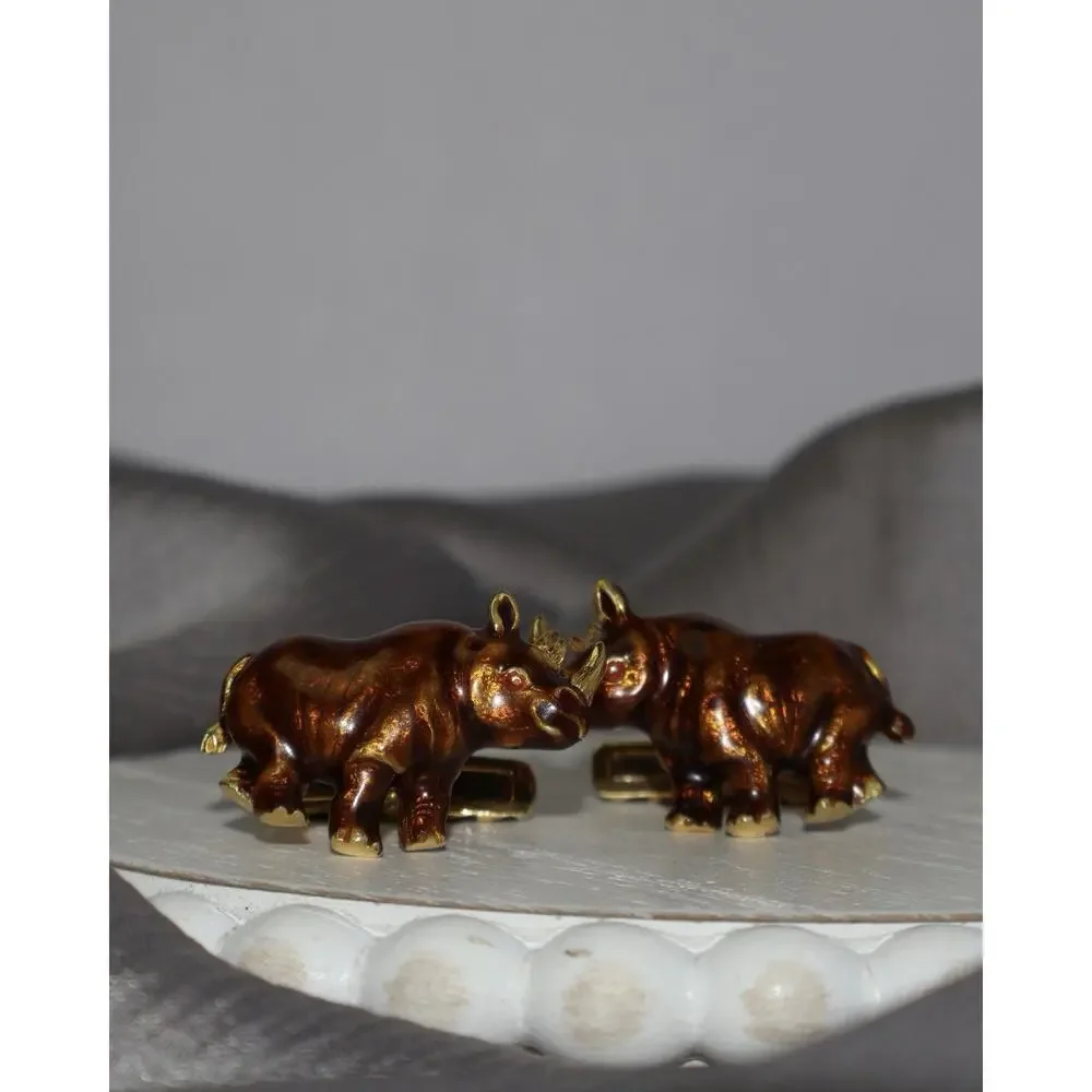 David Webb 18k Yellow Gold Enamel Rhino Cufflinks 20G